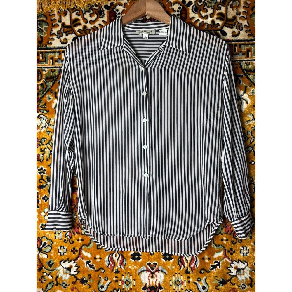 90s VTG Ann Taylor 100% Silk Navy + White Striped Button Up sz Small [Petite]